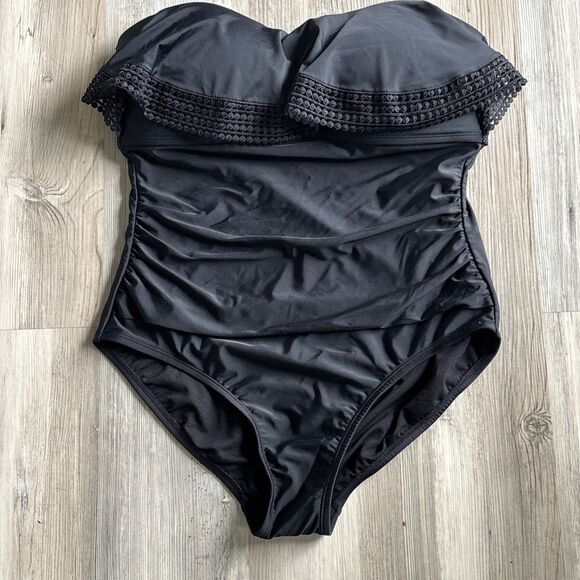 KONA SOL One Piece Swimsuit Bathing Suit Black Bandeau Top Crochet Ruffle Large - Picture 1 of 7